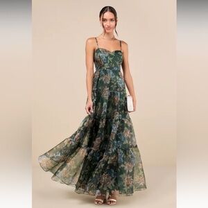 Lulus Exclusive Glamour Green Floral Organza Tiered Maxi Dress size L new
